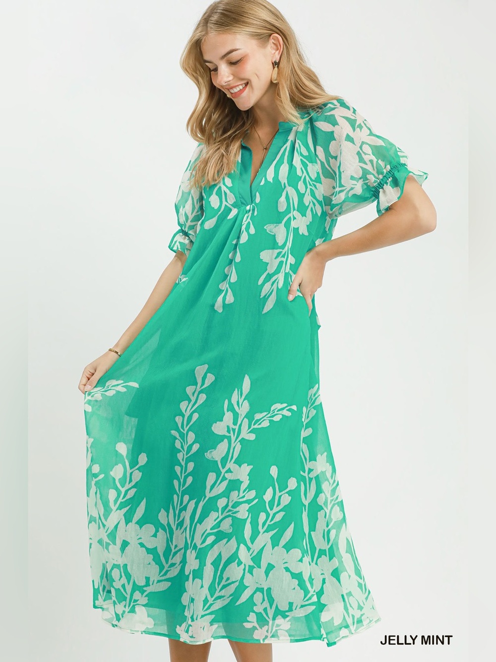 Umgee Floral Print Tie Waist Midi Dress with Side Pockets